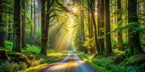 Obraz premium A winding path through a verdant forest, sunlight filtering through the leaves, creating a dappled light show on the ground