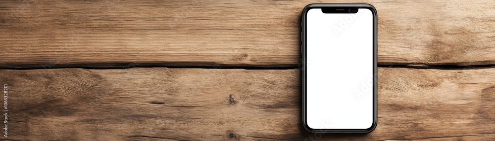 Poster modern smartphone with blank screen on a rustic wooden table, ideal background for showcasing mobile