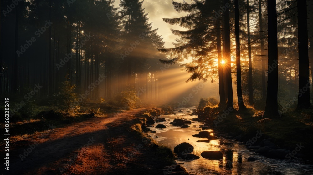 Poster sun rays pierce through the trees in a misty forest, illuminating a winding path and a stream with l
