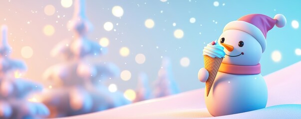 Snowman wearing santa hat, serving ice cream cones in a snowy landscape, holiday lights, 3D illustration
