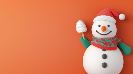 Fototapeta premium Snowman serving ice cream to kids in Christmas sweaters, holiday cheer, 3D illustration