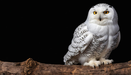 Obraz premium A snowy owl (bubo scandiacus) perched on wooden branch on black background. Suitable for marketing or business purposes. Panoramic banner with place for text