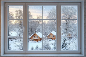 Winter landscape through a large white-framed window, snow-covered trees, frosted houses, snowflakes falling in a snowy forest scene.