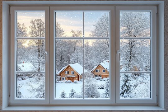 Fototapeta Winter landscape through a large white-framed window, snow-covered trees, frosted houses, snowflakes falling in a snowy forest scene.