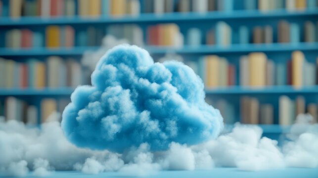 Dreamlike bookshelf with floating cloud, blending physical and digital worlds of knowledge imagination