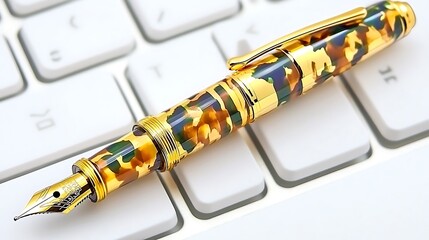 A colorful fountain pen resting on a keyboard, symbolizing writing and creativity.