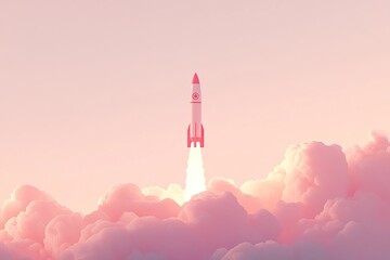 Fototapeta premium A white and red rocket ship blasts off into the sky, breaking through pink clouds.