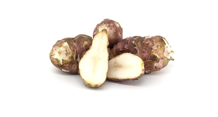 Fresh raw Jerusalem artichokes isolated on white background