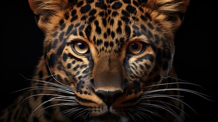 Fototapeta premium Close-up portrait of a leopard with intense golden eyes against a black background.