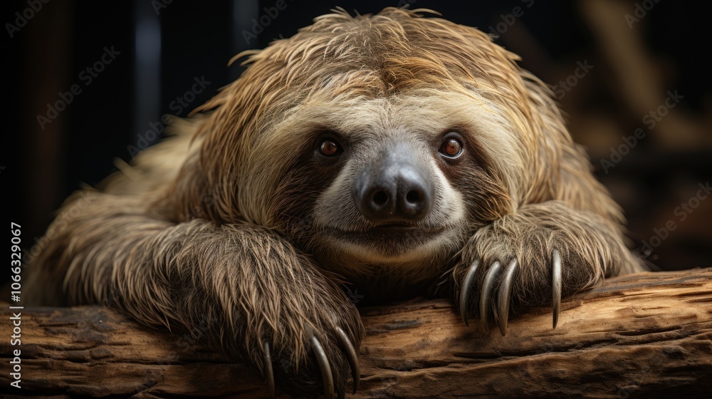 Poster A close-up portrait of a brown-furred sloth resting on a branch. It looks directly at the camera with large brown eyes. The sloth's fur is soft and fluffy, and its claws are visible.