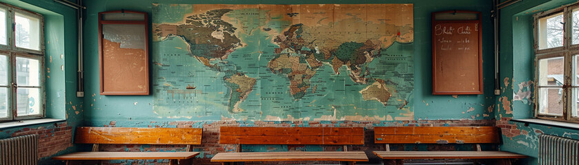 Naklejka premium Explore the rich history of geography in a classroom with an engaging world map on the wall