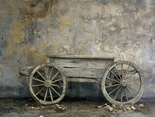 Obraz premium Vintage Wooden Cart with Weathered Wheels Against a Rustic Wall