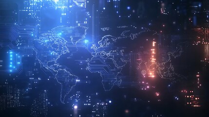 Obraz premium Digital World Map with High Tech Circuit Board Network Layout Photo