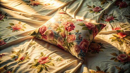 A floral pillow rests upon a bed draped in sunlight, its delicate design echoing the intricate patterns of the bed linens.