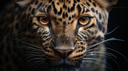 Obraz premium A close-up portrait of a leopard with piercing amber eyes. Its spotted coat is a stark contrast against the dark background. 