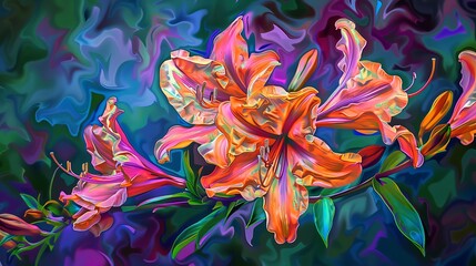 A flower painting in an abstract expressionist style, using layers of rich, contrasting colors and dynamic brushstrokes to convey the intensity of a blooming garden. 8k UHD, suitable for high-quality 