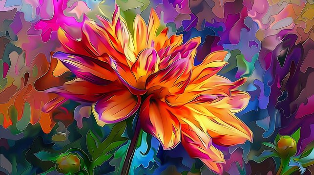A flower painting in an abstract expressionist style, using layers of rich, contrasting colors and dynamic brushstrokes to convey the intensity of a blooming garden. 8k UHD, suitable for high-quality 