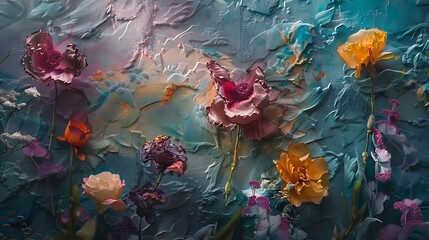 An abstract expressionist floral composition featuring loosely rendered petals and stems, with a mix of vibrant hues and textured backgrounds for a raw, expressive effect. 8k UHD, suitable for 