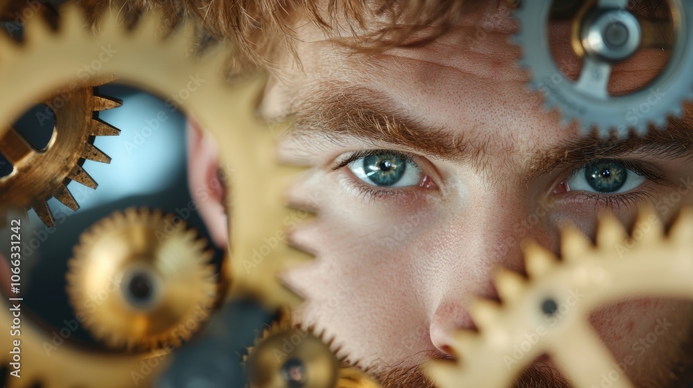 Poster a mechanical engineer in a workshop, surrounded by gears and tools, meticulously assembling a comple