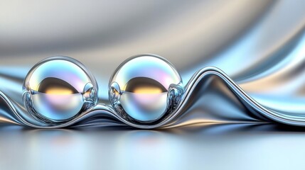 Two Iridescent Spheres Resting on a Metallic Wave