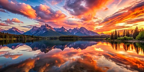 A Serene Mountain Lake Reflects the Vibrant Hues of a Dramatic Sunset Sky, Capturing the Tranquility and Majestic Beauty of Nature