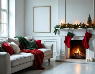 A white fur sofa in a cozy Christmas-themed living room with a decorated Christmas tree, and a blank white frame on the wall. Marble floor.
