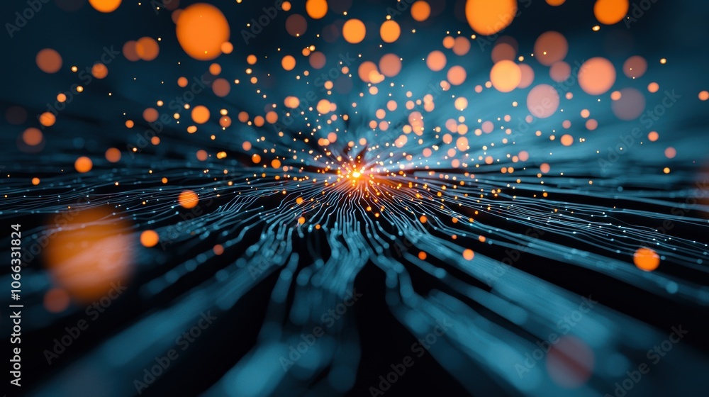 Poster abstract visualization of data encryption, with data being scrambled and secured as it travels throu
