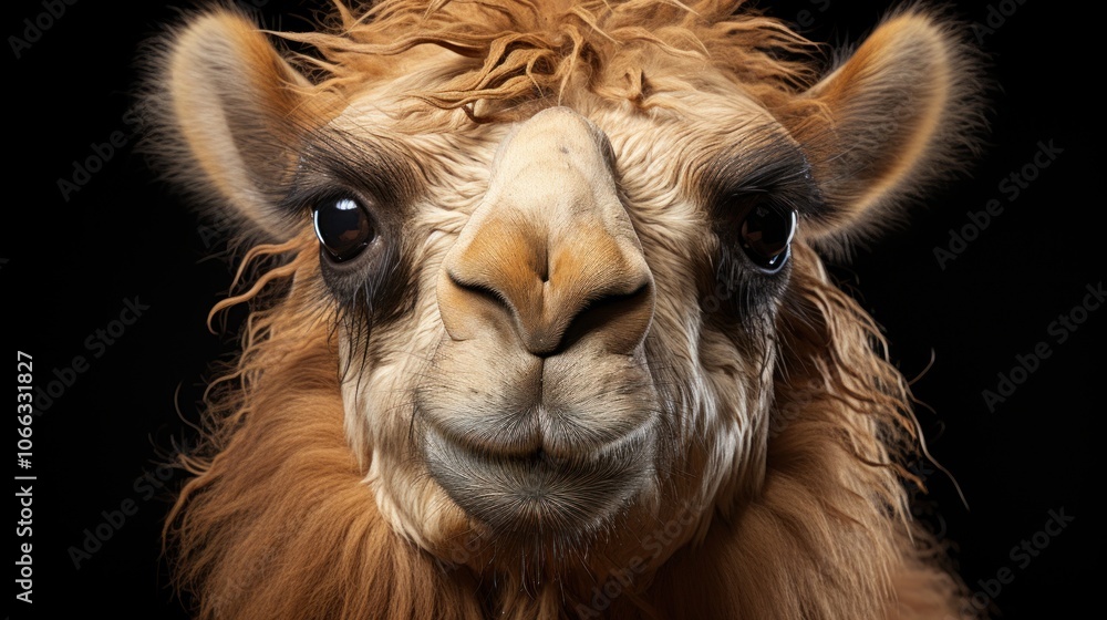 Poster close-up portrait of a camel with a curious expression, looking directly at the camera. its brown fu