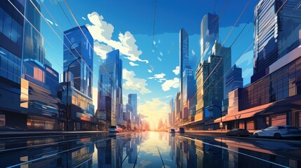 A cityscape with a reflection of the sun in the wet street, high rise buildings, and cars.