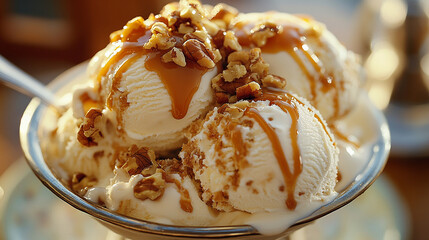Vanilla ice cream sundae with rich caramel sauce