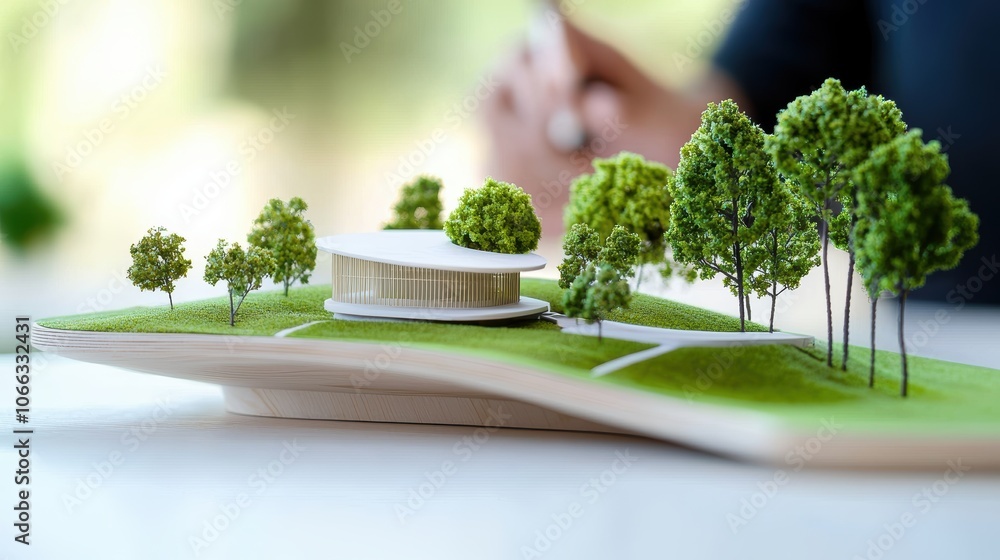 Poster an architectural engineer presenting a 3d model of a sustainable building design to a group of clien