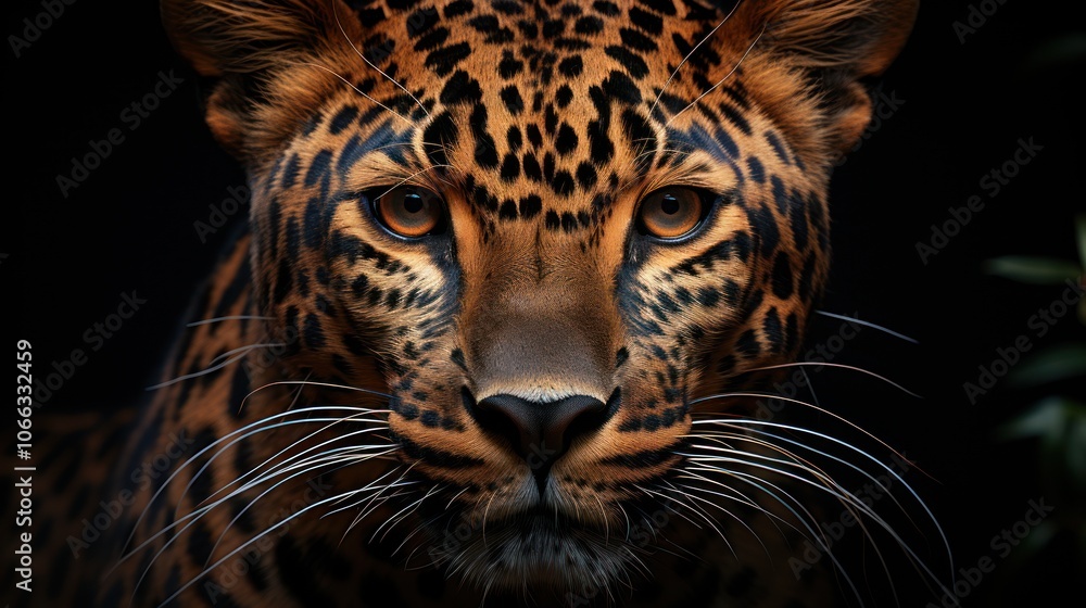 Poster a close-up portrait of a leopard looking directly at the camera with a dark background.