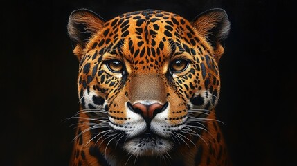 Obraz premium Close-up portrait of a jaguar with intense gaze and detailed fur pattern against a black background.