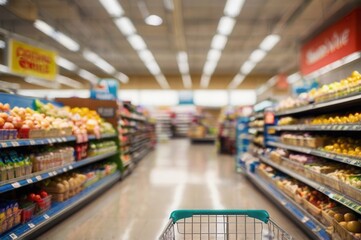 a view of supermarket with a blurred bokeh effect of a supermarket aisle