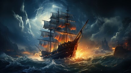 Obraz premium A large, black sailing ship engulfed in flames on a turbulent sea.