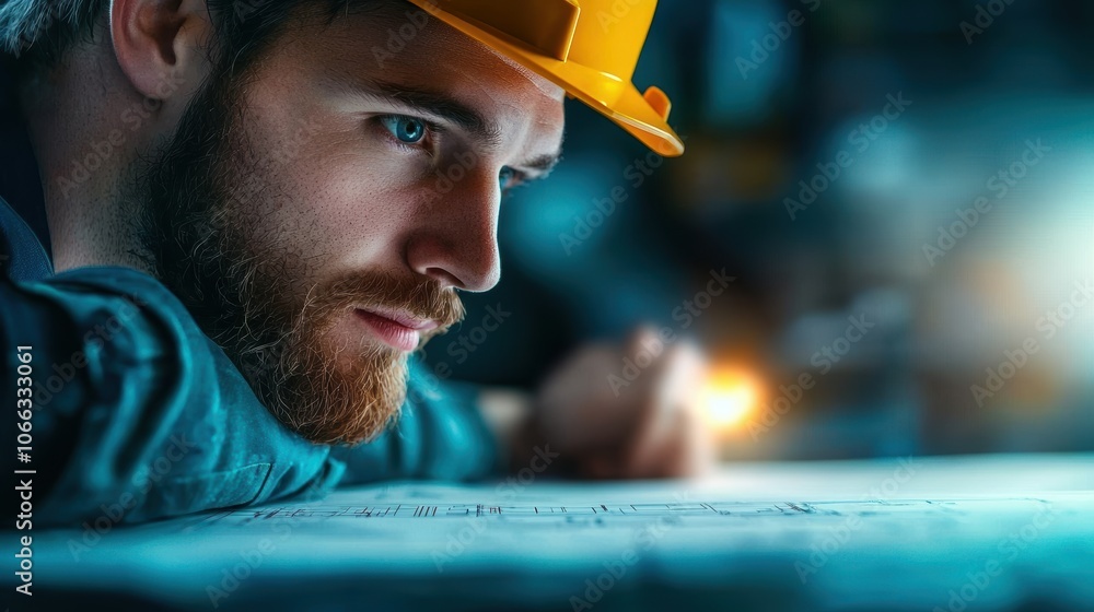 Poster a mechanical engineer in a factory, examining the blueprints of a complex machine, with the machine 