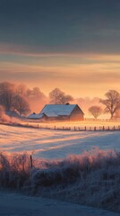 Fototapeta premium A quiet countryside farm covered in a light frost, with the sun just rising over the horizon.