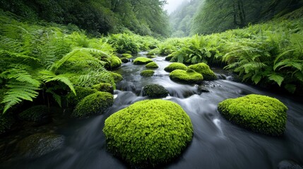 A gentle stream flowing over moss covered rocks, surrounded by ferns and lush vegetation, creating a sense of tranquility and the beauty of nature.