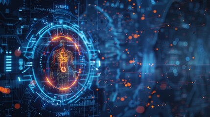 Futuristic medical interface scanning human body, showing skeleton and nervous system, using innovative technology for healthcare and diagnostics