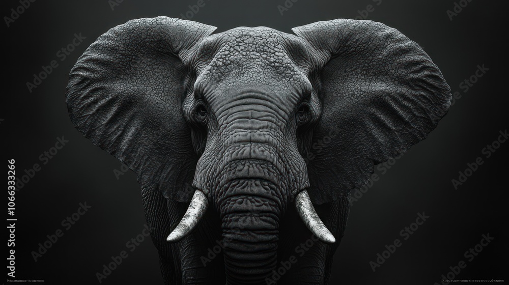 Poster a close-up portrait of an elephant with large ears and tusks, looking directly at the camera.