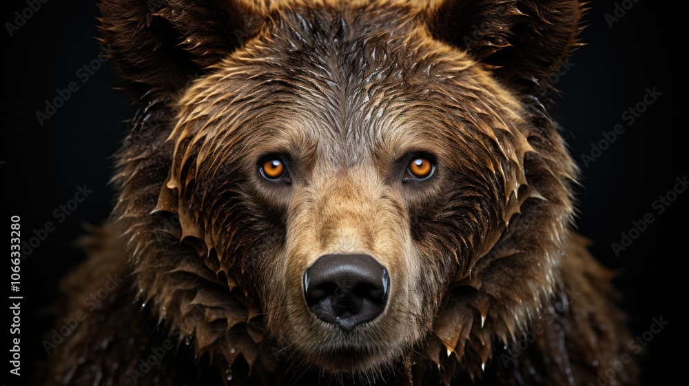 Wall mural close-up portrait of a wet brown bear with intense orange eyes staring directly at the camera agains