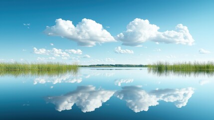 Fototapeta premium An endless expanse of blue sky dotted with fluffy white clouds, reflected in the calm surface of a serene lake, creating a sense of vastness, peace, and tranquility.