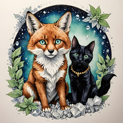 Red fox and black cat. friendship in a crystal bubble