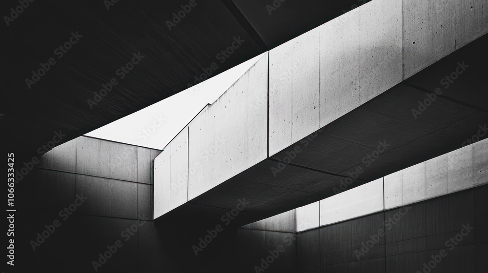 Poster a minimalist architectural design featuring intersecting concrete structures and natural light.