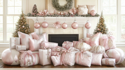 Elegant Christmas fireplace decor with pink gifts and ornaments.