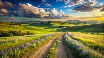 Fototapeta premium A Winding Dirt Road Through Rolling Green Hills, Framed by Wildflowers and Bathed in Golden Sunlight