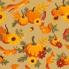 vector drawing autumn seamless pattern with orange pumpkins, flowers, squirrels and leaves, hand drawn illustration