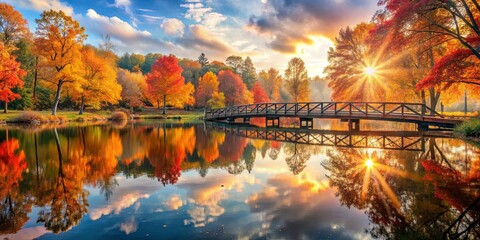 Fototapeta premium A wooden bridge spanning a tranquil lake, surrounded by vibrant autumn foliage, bathed in the golden glow of a setting sun, creating a mesmerizing reflection of nature's beauty.