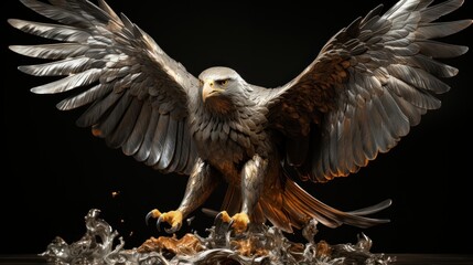 Obraz premium A powerful eagle with wings spread wide, landing on a water splash with a black background.