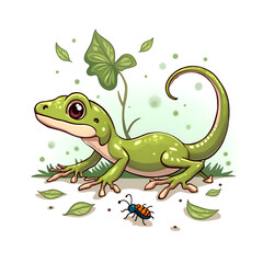 Fototapeta premium Witness the vibrant journey of a curious emerald lizard in a lush green landscape, digital illustration of nature exploration concept.